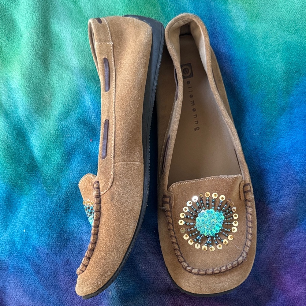 ellemenno Tan Moccasins with Sequin Accent Size 10